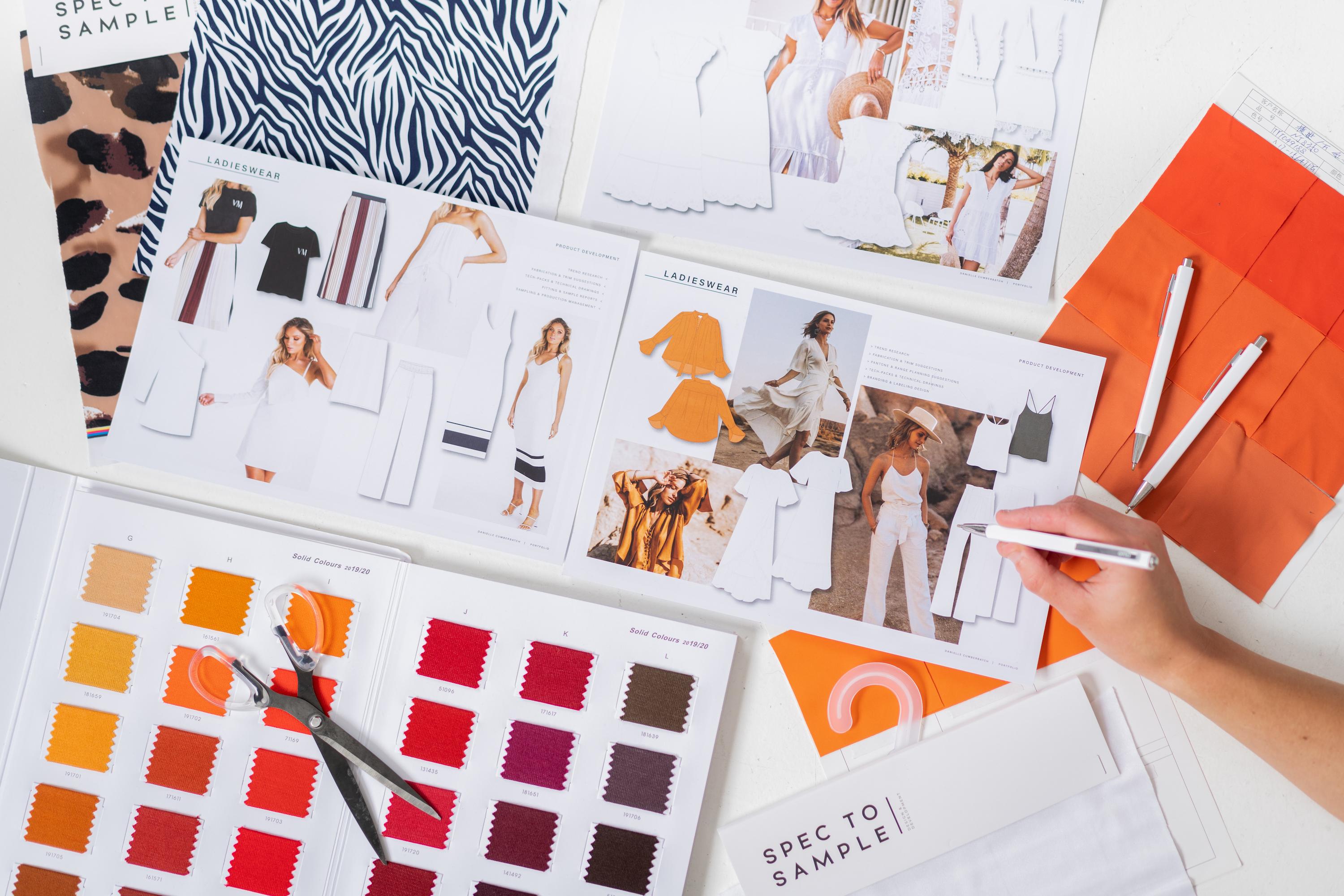 Fashion startup planning board with swatches, sketches, and digital moodboards.
