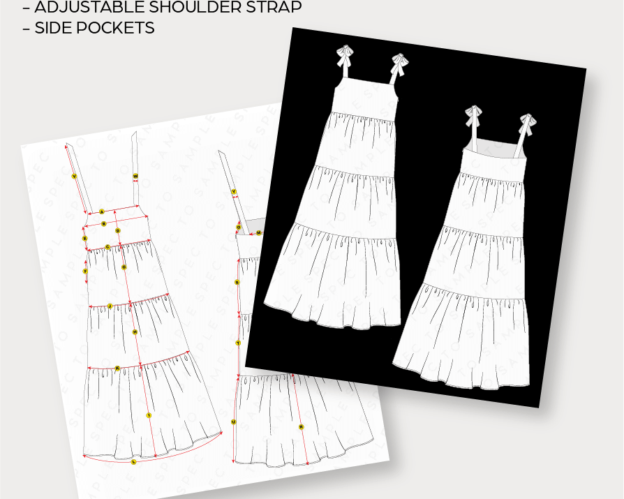 Preview of editable fashion CAD sketches including front and back garment flats.