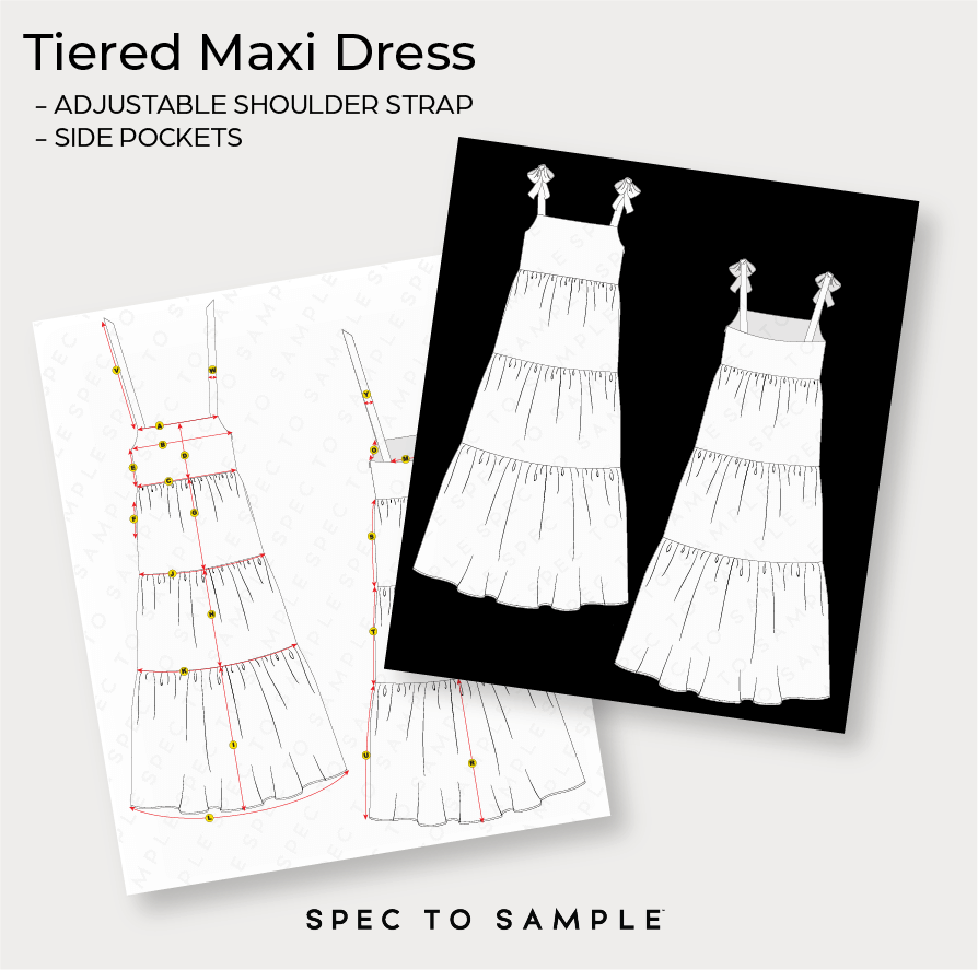 Preview of editable fashion CAD sketches including front and back garment flats.