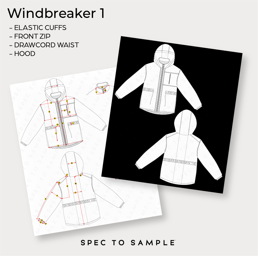 Editable CAD Sketch for Hooded Windbreaker Spec to Sample – Spec